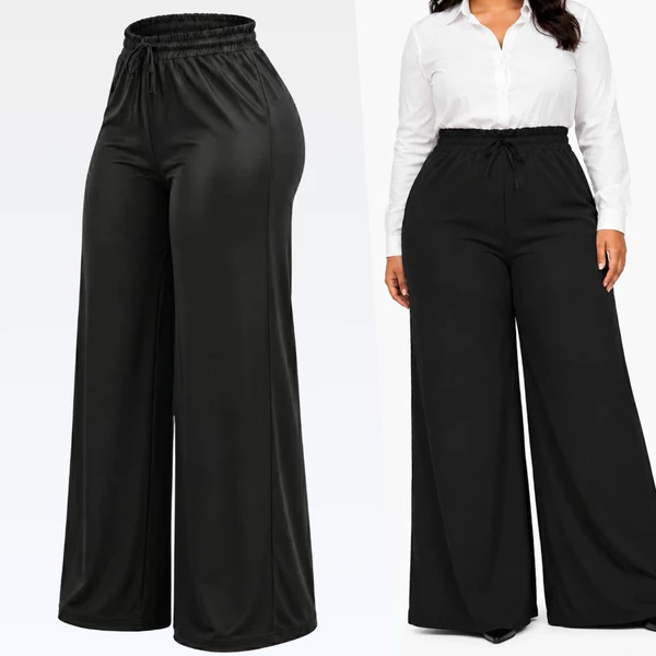 Calça Plus Size Wide Pantalona Feminina C/ Elástico Na Cintura Tecido Alfaiataria Premium Social Básica 46 ao 56