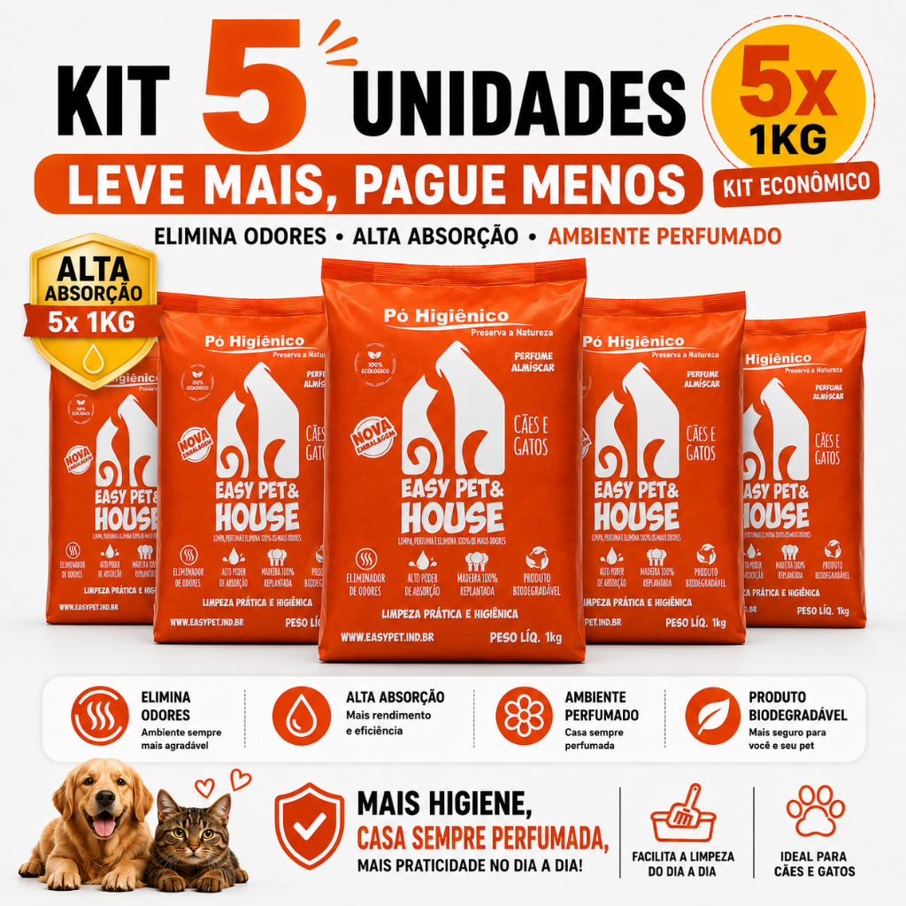 Pó Higiênico Pet Easy Pet & House Almíscar 5 Unidades | Alta Absorção | Anti Odor | Cães e Gatos