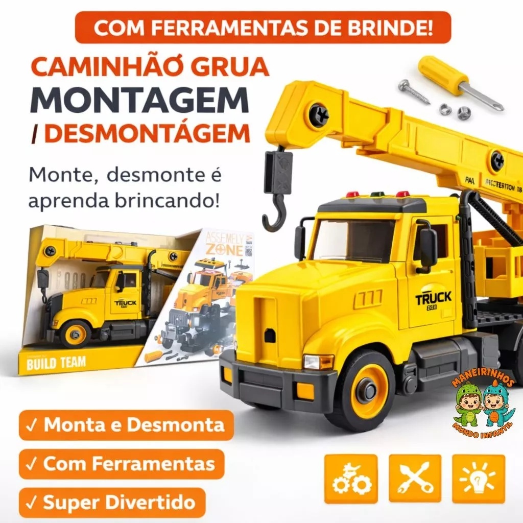 Caminhão GRUA GUINCHO GUINDASTE- Monta e Desmonta Brinquedo Educativo Super Divertido DESMONTAVEL PRESENTE MENINO