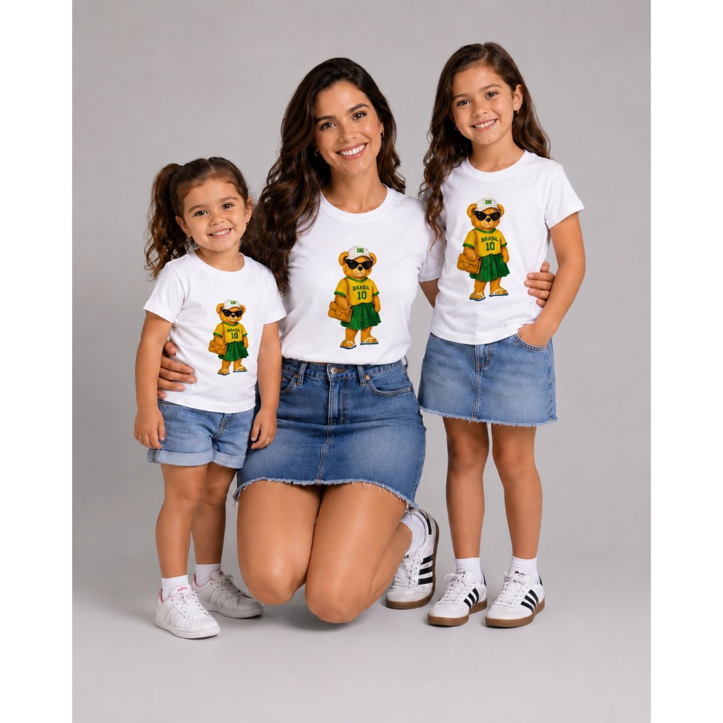 Camiseta T-shirt 100% Algodão  Familia Ursinha Fashion Brasil Copa do Mundo Tal mãe tal filha