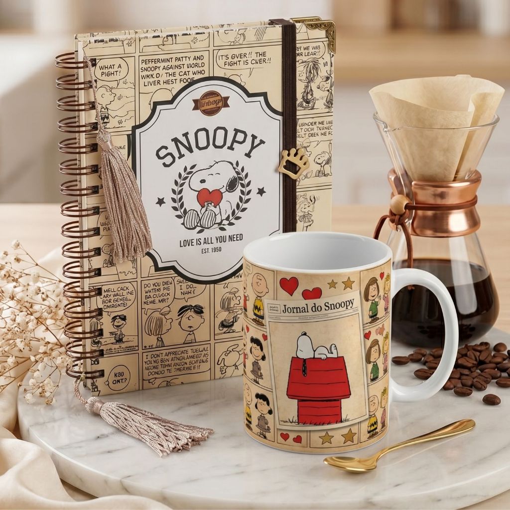 KIT SNOOPY VINTAGE LUXO PREMIUM – Caderno Personalizado + Caneca Exclusiva