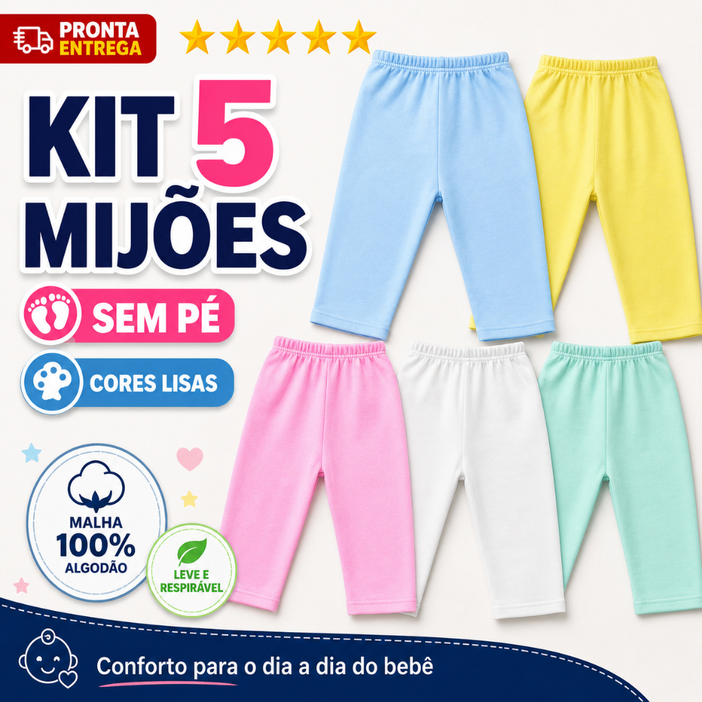 Kit 5 Mijao De Bebê Menina Menino Calça Infantil Sem Pé Cores Lisas