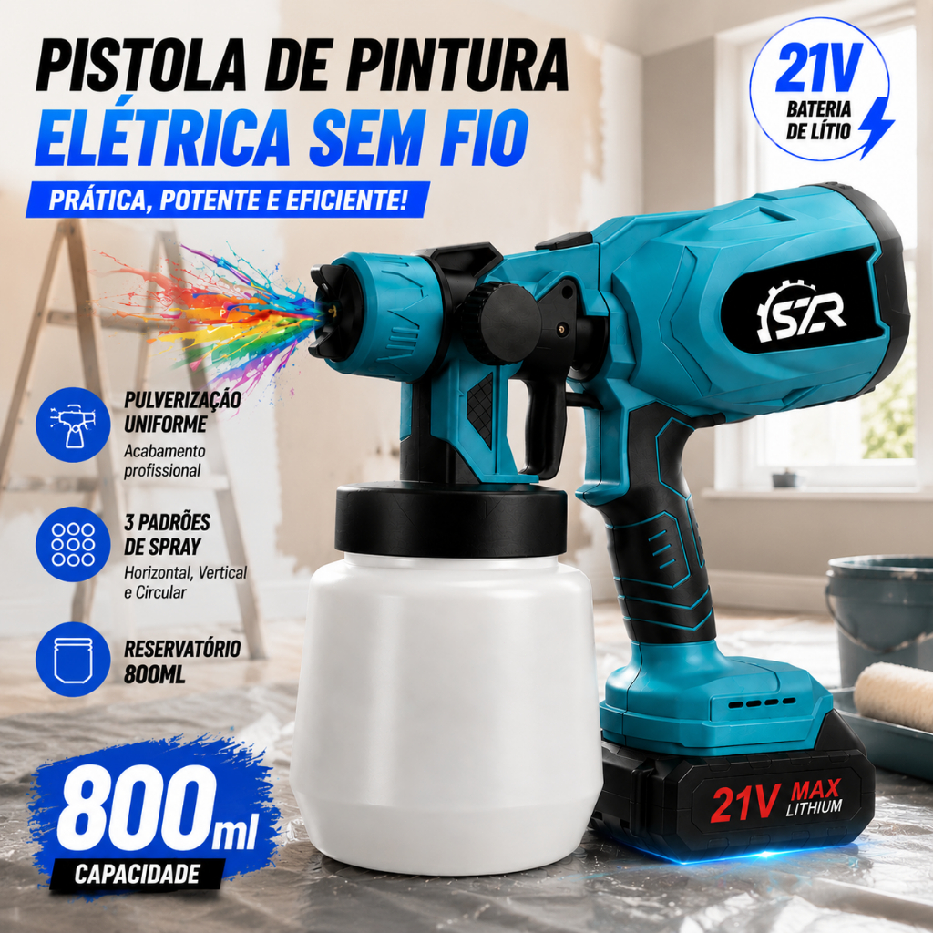 Pistola de Pintura Pulverizador Recarregável Portátil de Tinta 2 Baterias 21v Profissional Bivolt 800ml