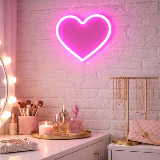 Coração Neon LED m20x22 cm – Luminária Decorativa Rosa para Quarto e Penteadeira