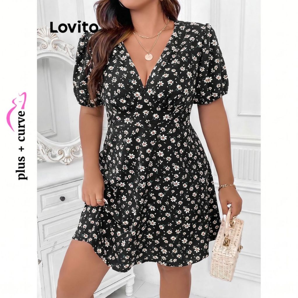 Lovito Vestido Feminino Plus Size Estampa Floral DRB9BR437 · foto 2