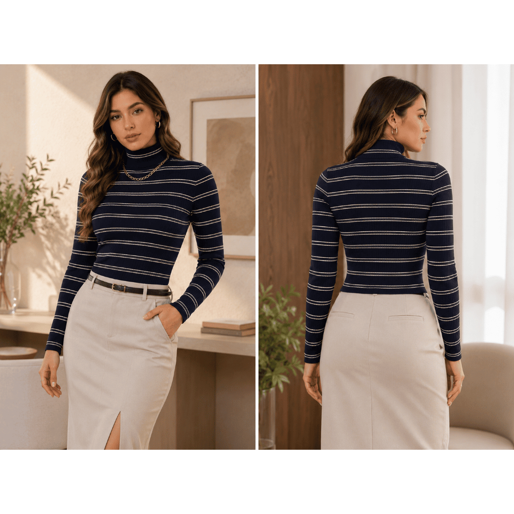 Blusa de Frio Feminina Gola Alta Cacharrel Canelada Manga Longa Ajustada Elegante Inverno