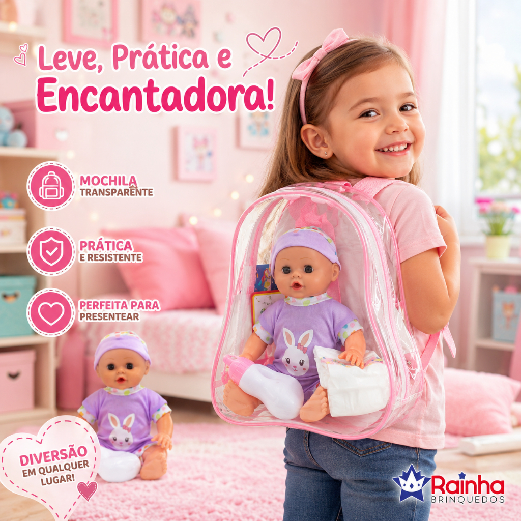 Boneca Bebê Interativa Fala e Chora com Mochila, Mamadeira e Fralda – Boneca Infantil Tipo Reborn para Brincar e Cuidar