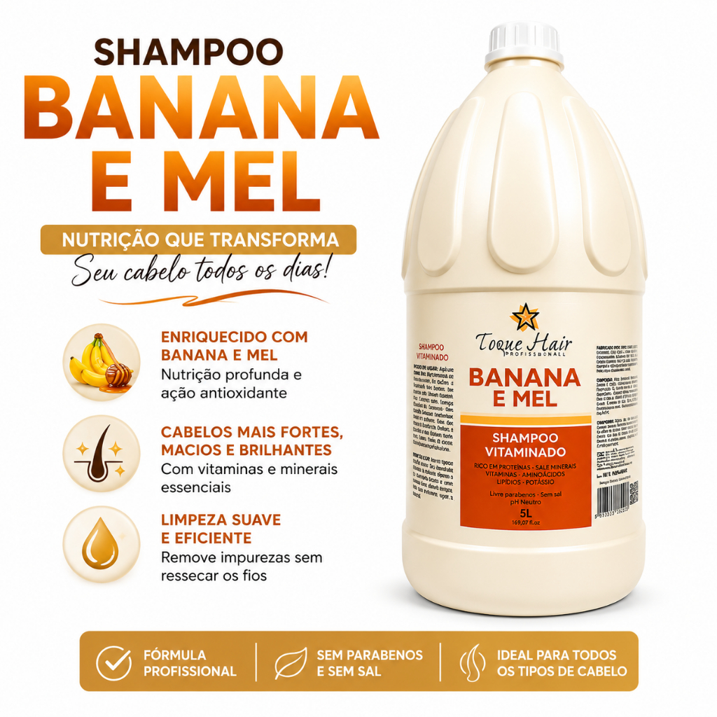 Shampoo 5L Profissional Banana e Mel Perolado Sem Sal Ph Neutro limpa sem agredir os fios