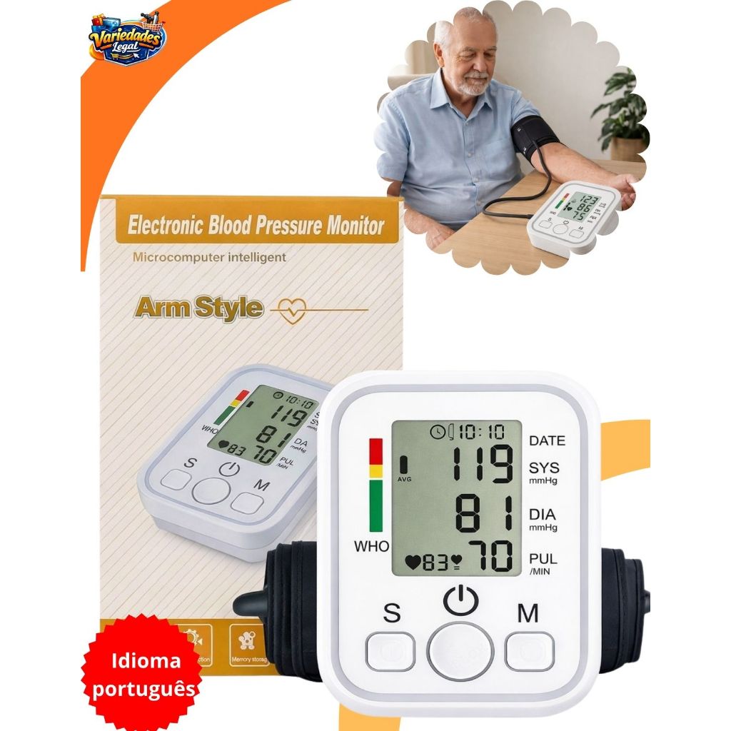 Medidor De Pressão Digital Automático De Braço Monitor Pressão Arterial LCD Grande