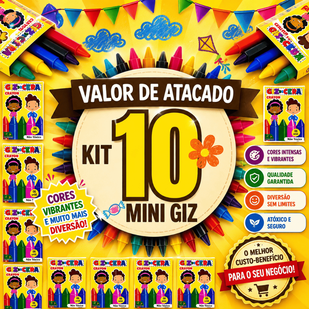 Kit 10 Mini Giz Cera Brinde Lembrancinha Prenda Colorir Colorido Festa Junina Educativo Criança