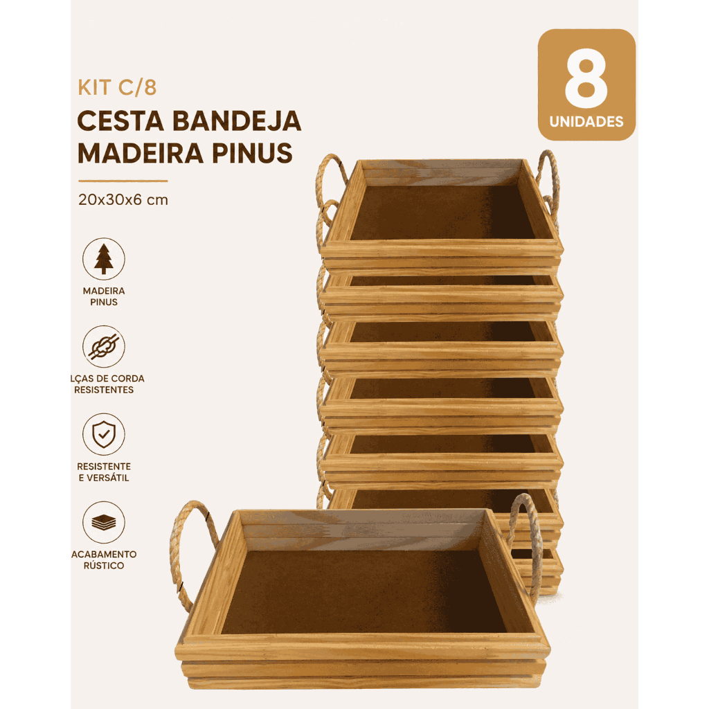 Kit C/8 Cesta Bandeja Madeira Pinus - Cesta Café Manhã DIA DOS PAIS  - Decoração Sala Inv 20x30x6