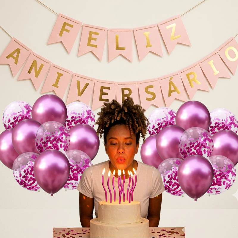 Kit Festa Pronta Aniversário Balão Tranparente Confete Faixa Feliz Aniversário Velas Espiral LED Rosa Azul Dourado Prata