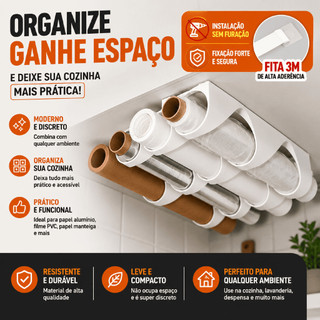 Suporte Porta-Rolos para Cozinha - Organização Prática para Armários | Porta Papel Toalha, Filme e Alumínio