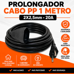 Prolongador Extensão Elétrica 01 Metro 20A Cabo Pp2x2,5mm Plug Bipolar Injetado