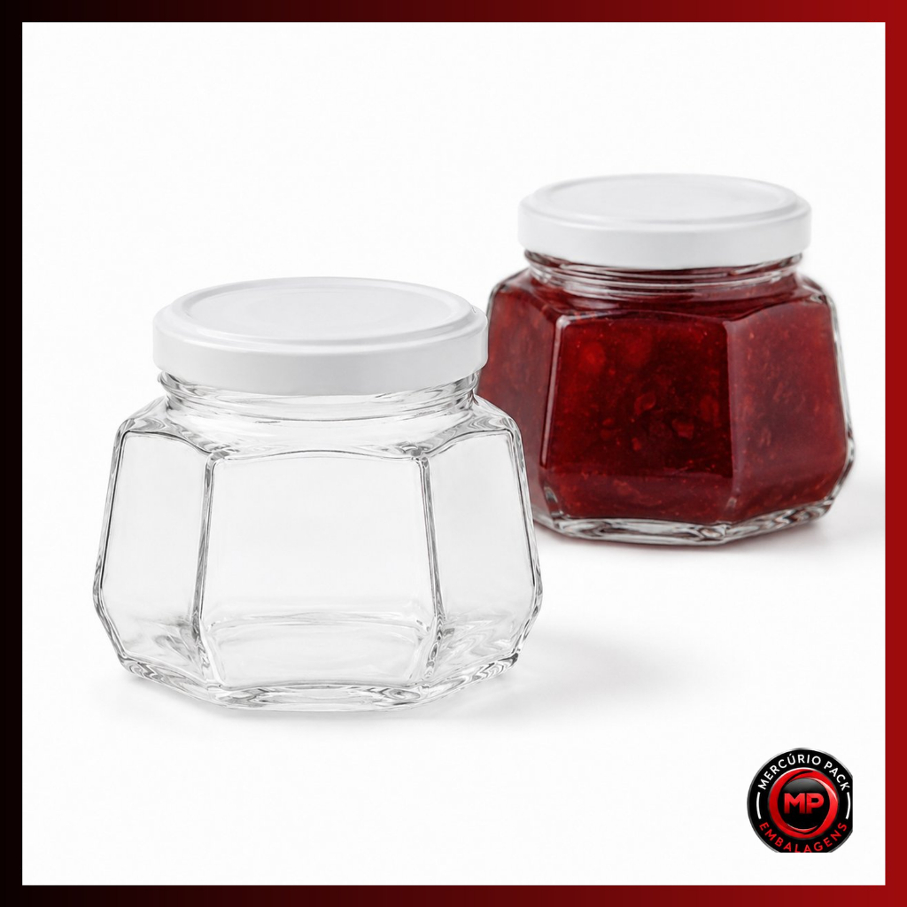 Kit Potes Vidro Sextavado 170ml Tampa Metálica Lacre Geleia Mel Doces Conservas Papinha
