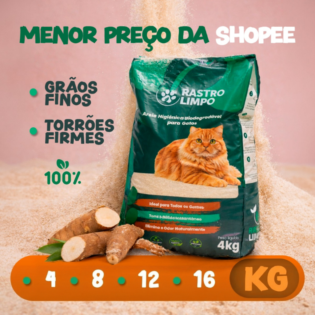 Areia Biodegradável Grãos Finos 04 a 16 Kg para Gatos Rastro Limpo Premium Torrões Firmes