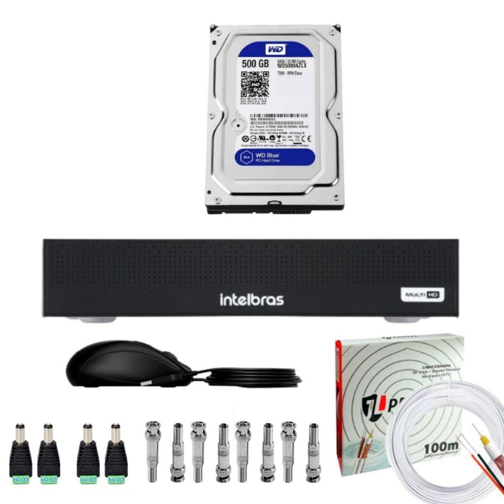DVR INTELBRAS 1204C DUAL AUDIO 4 CANAIS + 500GB + ITENS DE INSTALAÇÃO PARA 4 CÂMERAS CFTV