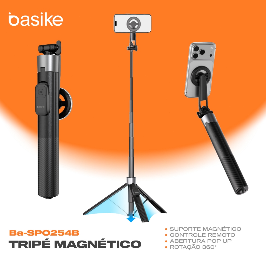 Basike Tripé Magnético 1.8M Pau de Selfie Retrátil Controle Bluetooth Rotação 360° Portátil