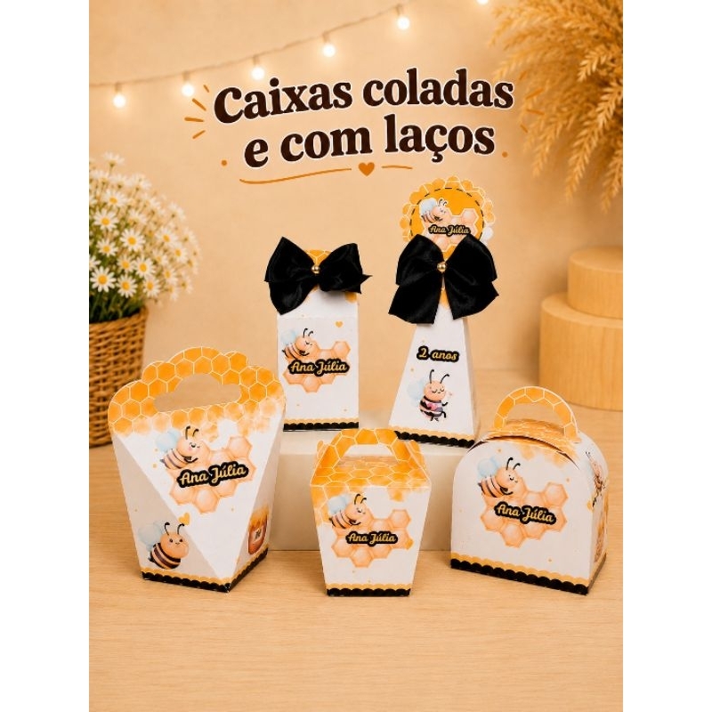 Kit Festa caixinhas Personalizadas Tema Abelhinha abelha | Caixas para Lembrancinhas Já Coladas com Laços|Festa Infantil