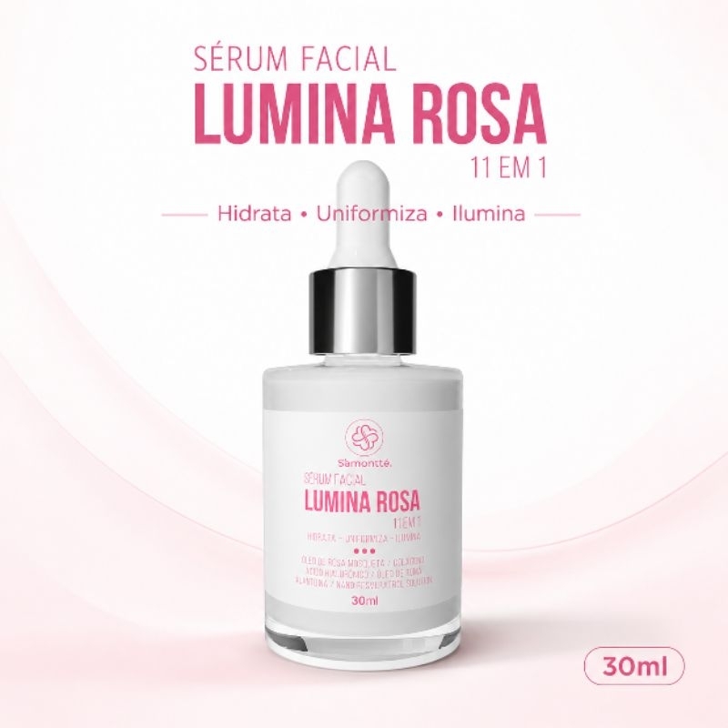 Sérum Facial Lumina Rosa S’amontté 11 em 1 30ml Hidratante Clareador Uniformiza Ilumina Anti Idade Pele Macia