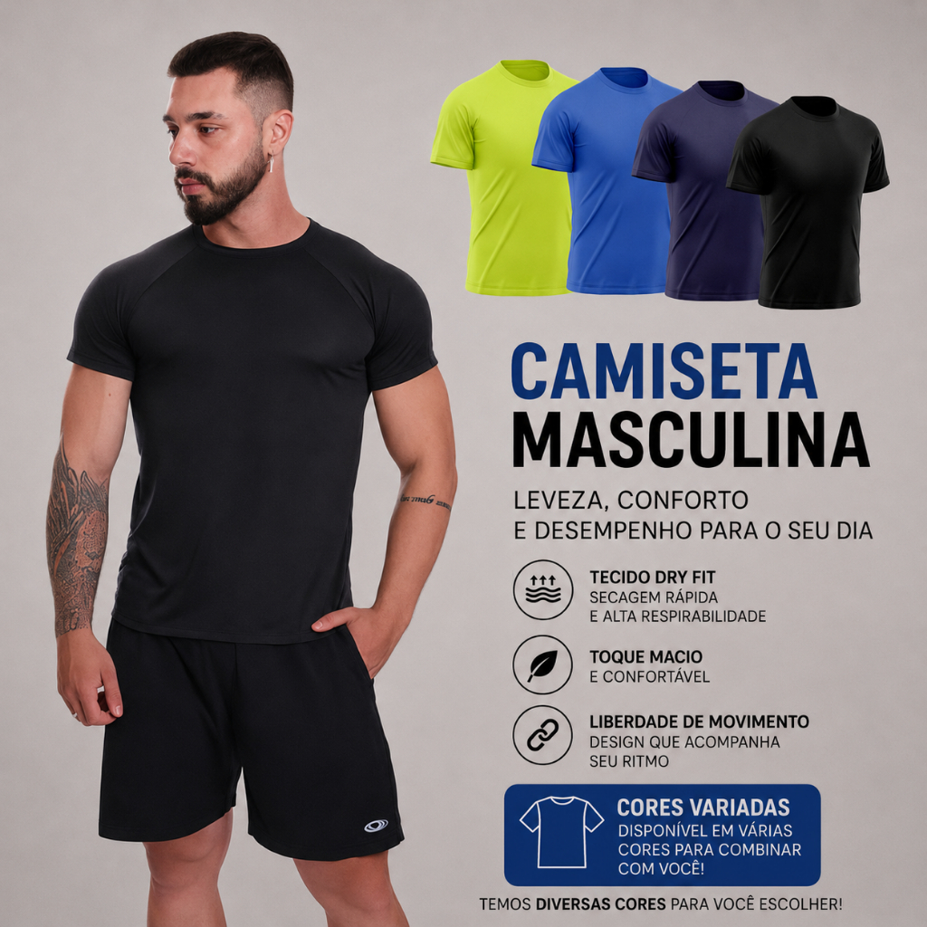 Kit 4 Camisetas Masculina Manga Curta Dry Fit Proteção Solar UV Camisa Treino Academia