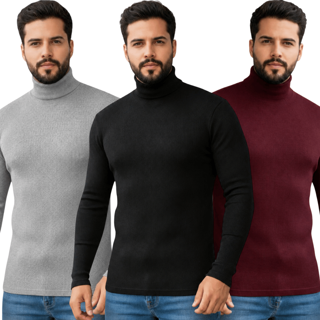 Kit 3 Blusas Cacharrel Masculino Gola Alta Canelado Camisa Manga Cumprida para Dias Frios