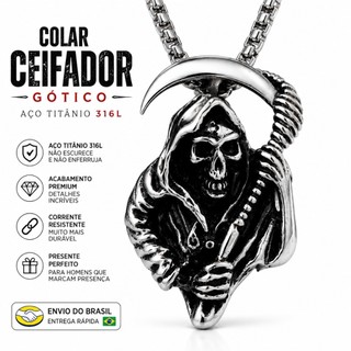 Pingente Ceifador Crânio Gótico Masculino Corrente Aço Titânio Estilo Viking Dark