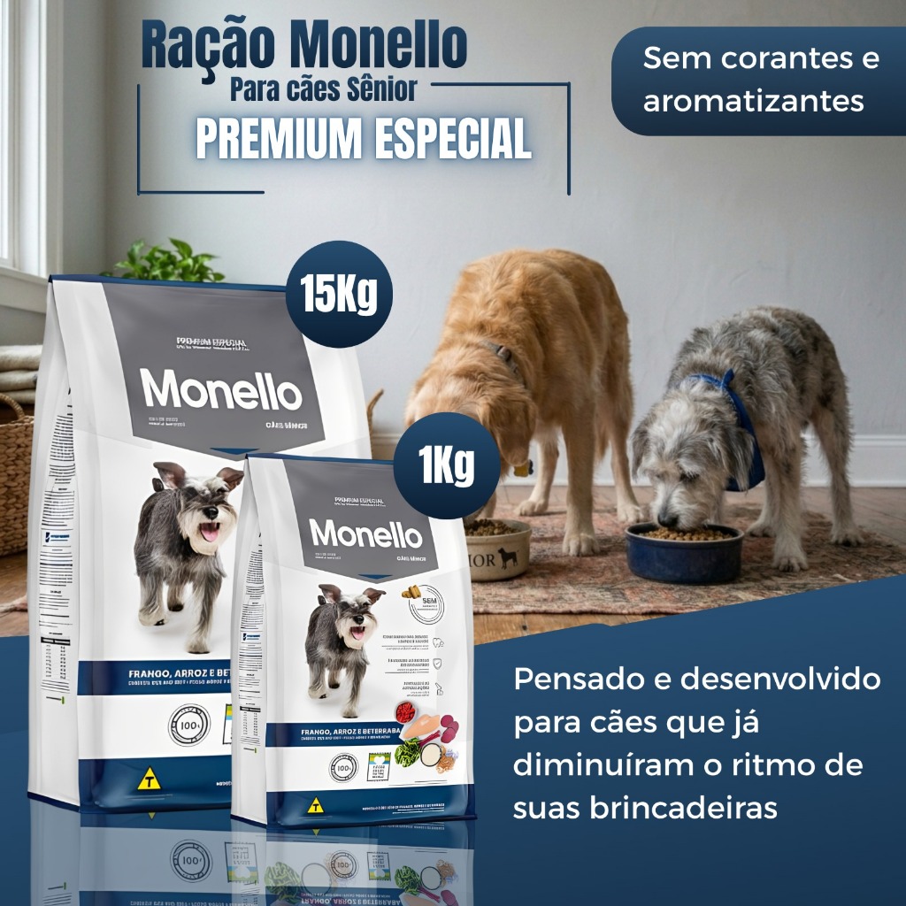 Ração Monello Sênior 15kg para Cães Idosos Frango Arroz e Beterraba Premium Especial Original