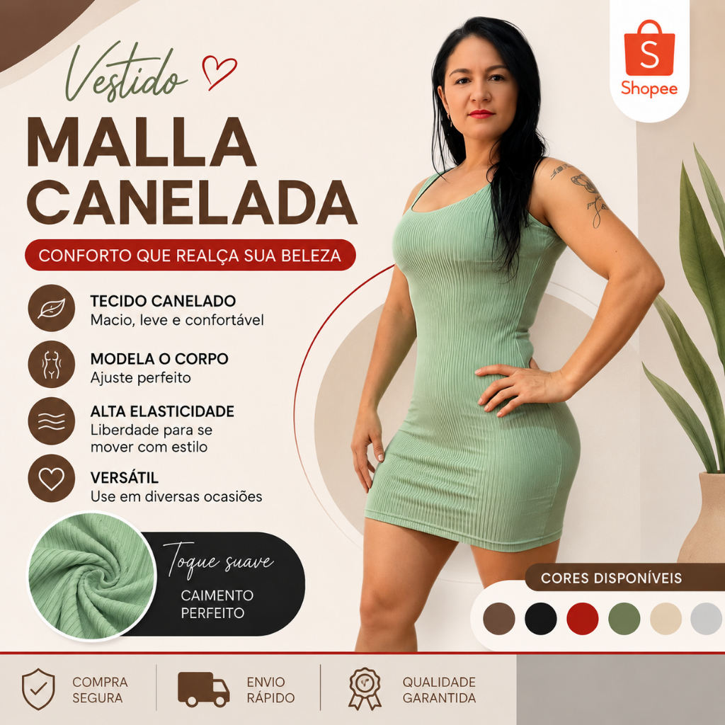 Vestido Feminino Malla Canelada Ajustado ao Corpo Moda Blogueira Confortável M/G/GG