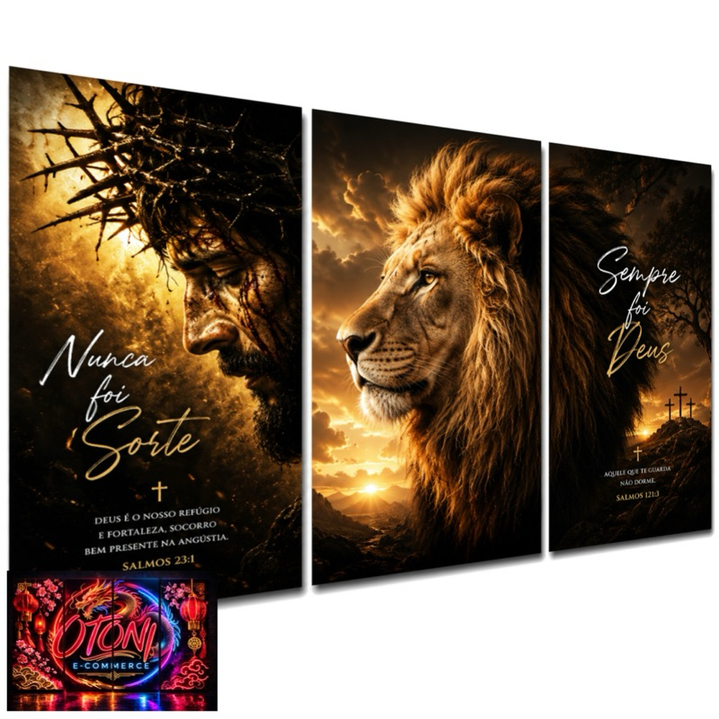 Quadro Decorativo Grande Face Jesus e Leão De Judá Religioso Nunca Foi Sorte Sempre Foi Deus 3 Peças 122x60