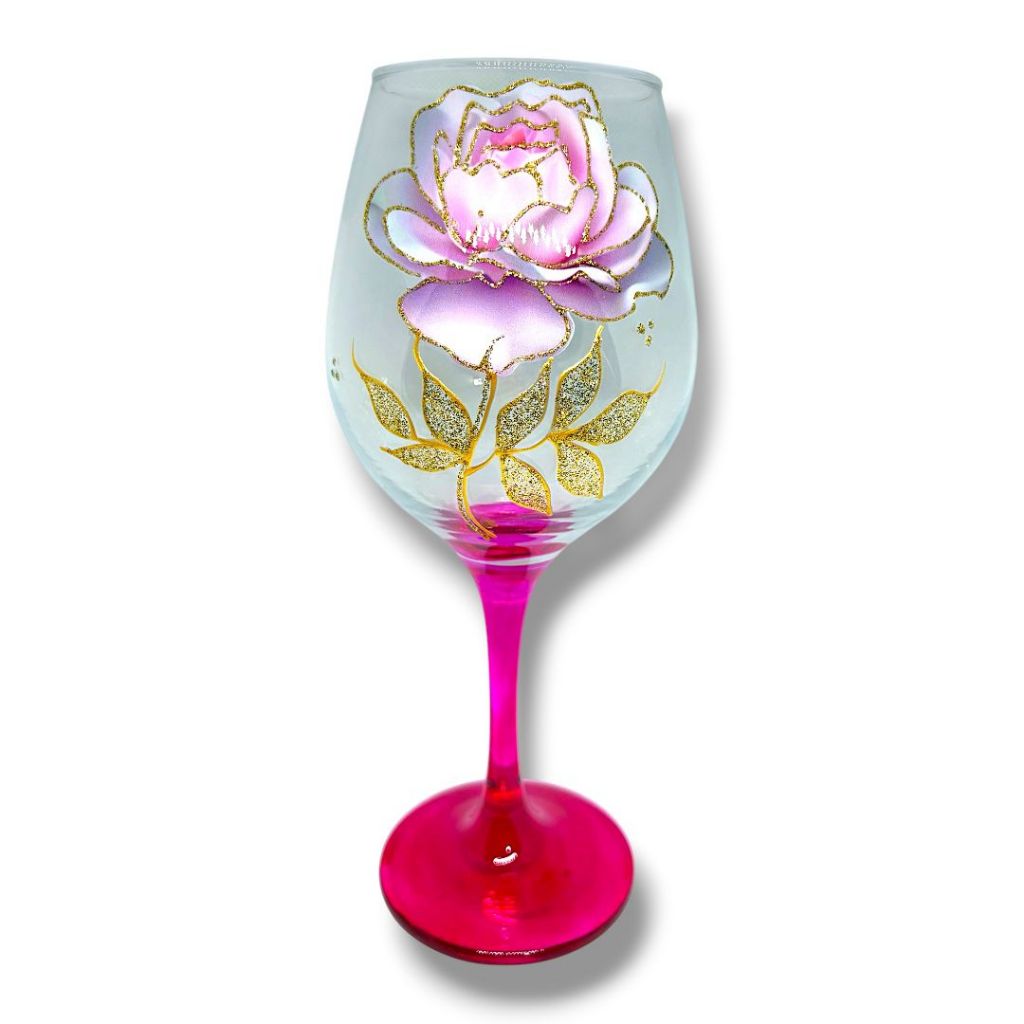 Taça Pomba Gira Flor Rosa e Branca C/ Detalhes Dourados Fundo Rosa Barone 385ml - Padilha Mulambo Farrapo Dama da Noite
