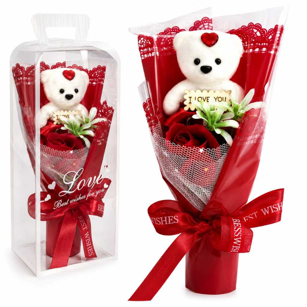 Buquê Ursinho Te Amo Rosas Artificiais Com Carinho Presente Namorados Mães Dia das Mulheres