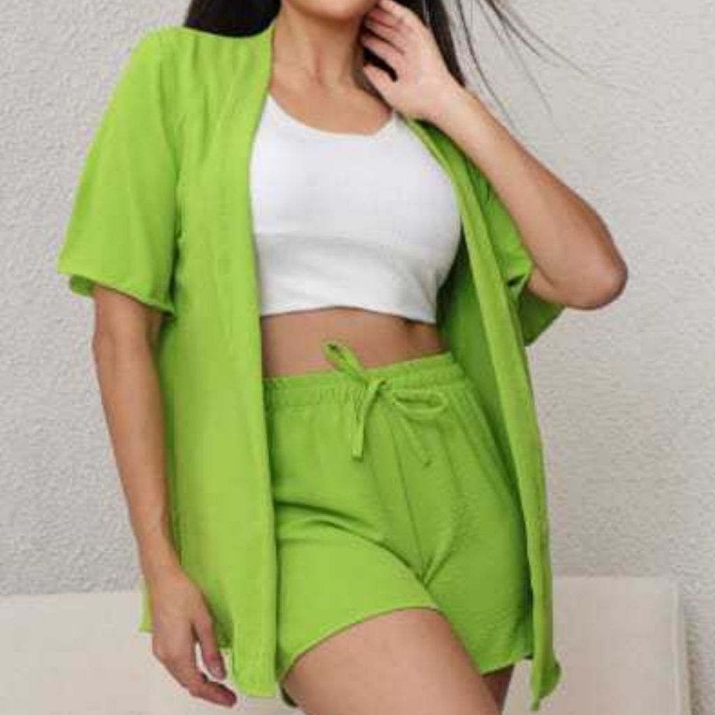 Conjunto Feminino Kimono E Short Confortável Duna Blogueira Moda Praia Elegante Envio Imediato