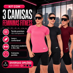 Kit 3 Camisa Camiseta Blusa Dry Fit Feminina Manga Curta Academia Treino Esporte Esportiva Corrida Uv