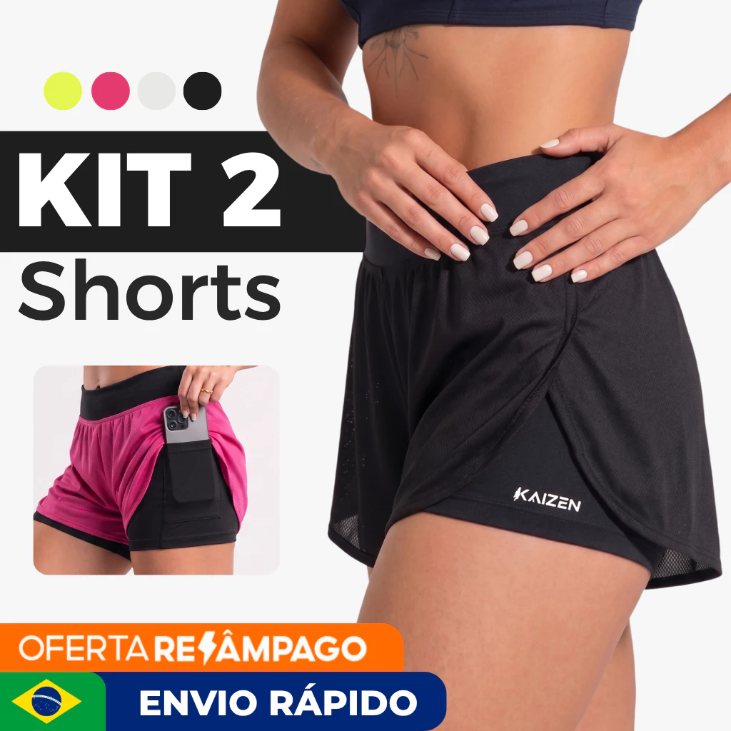 KIT COM 2 SHORTS FEMININO 2 EM 1 Dry Fit C/ Bolso Porta Celular Kaizen Para Treinar na Academia ou Corrida — imagem 1