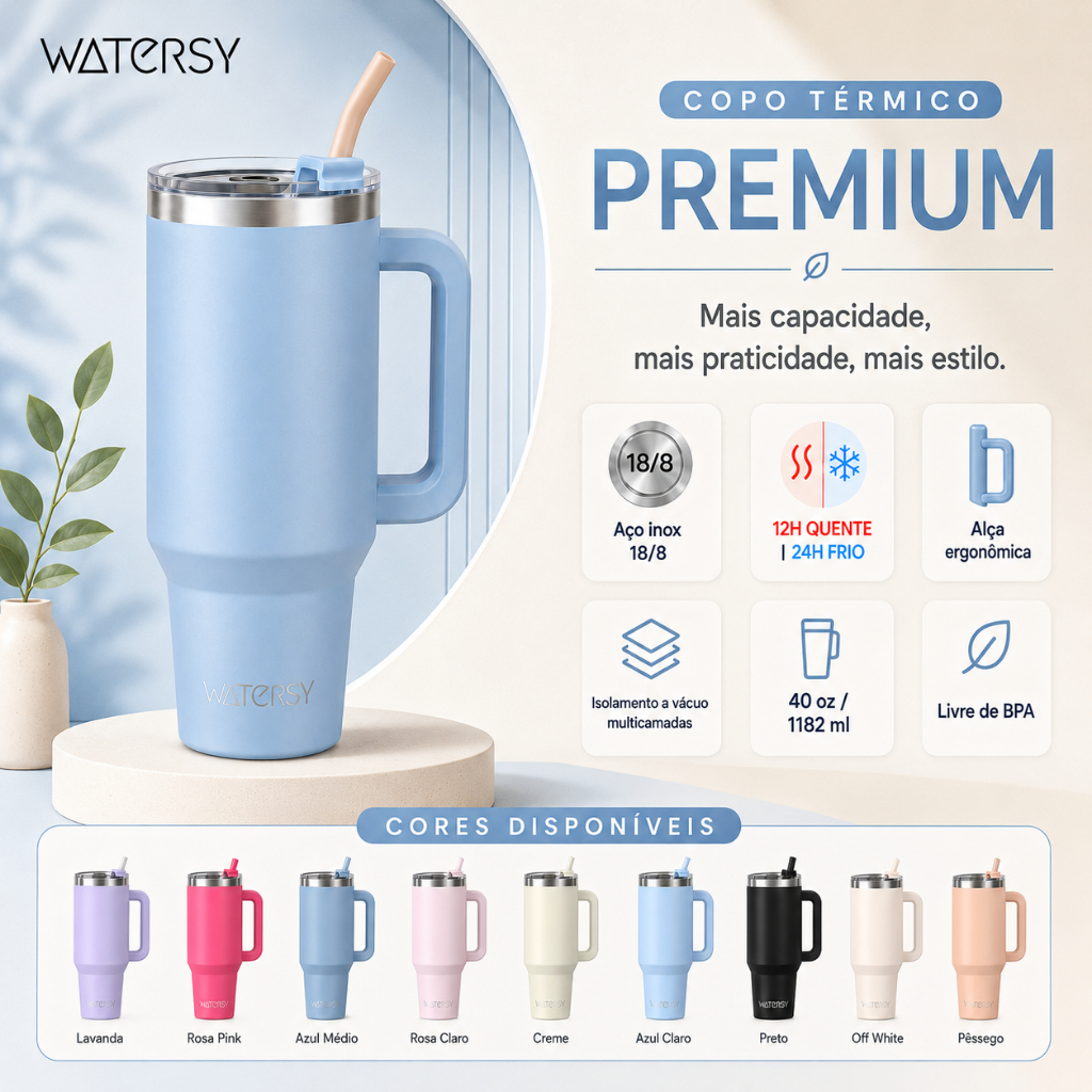 Watersy Copo Térmico 40oz 1182ml com Canudo e Alça Inox 304 Antivazamento para Carro