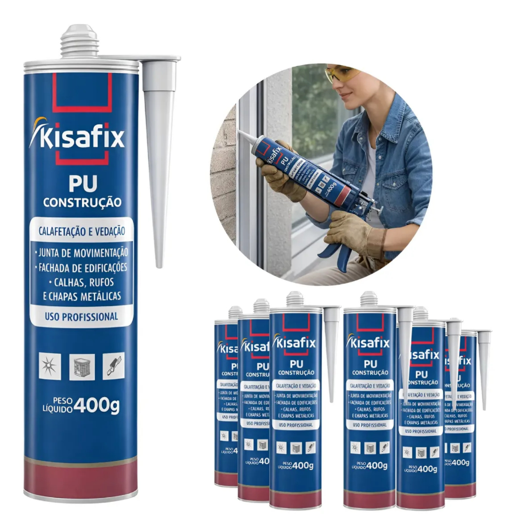 Kit 6un Selante Pu 40 Kisafix Preto Adesivo Poliuretano Cola Profissional Calha Rufos Chapas Metálicas Casas Vedação