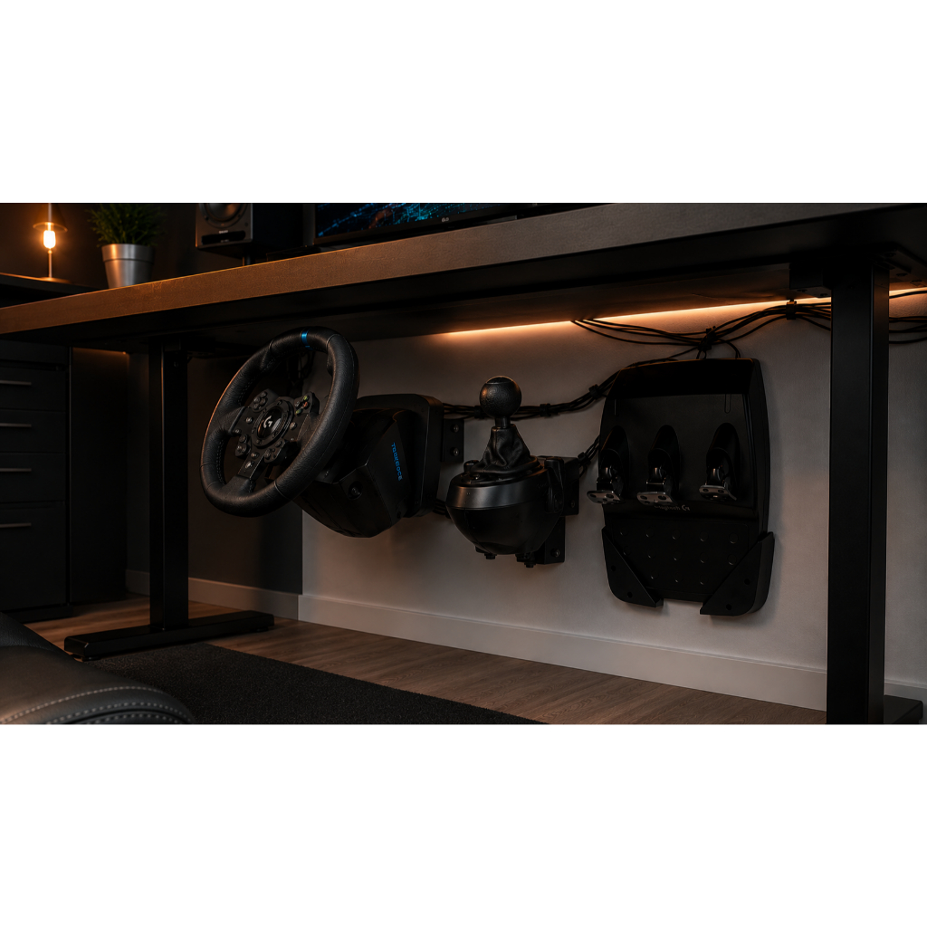 Kit completo Suporte Parede Volante Pedal Cambio Logitech G29, G920, G923 Organizador Gamer