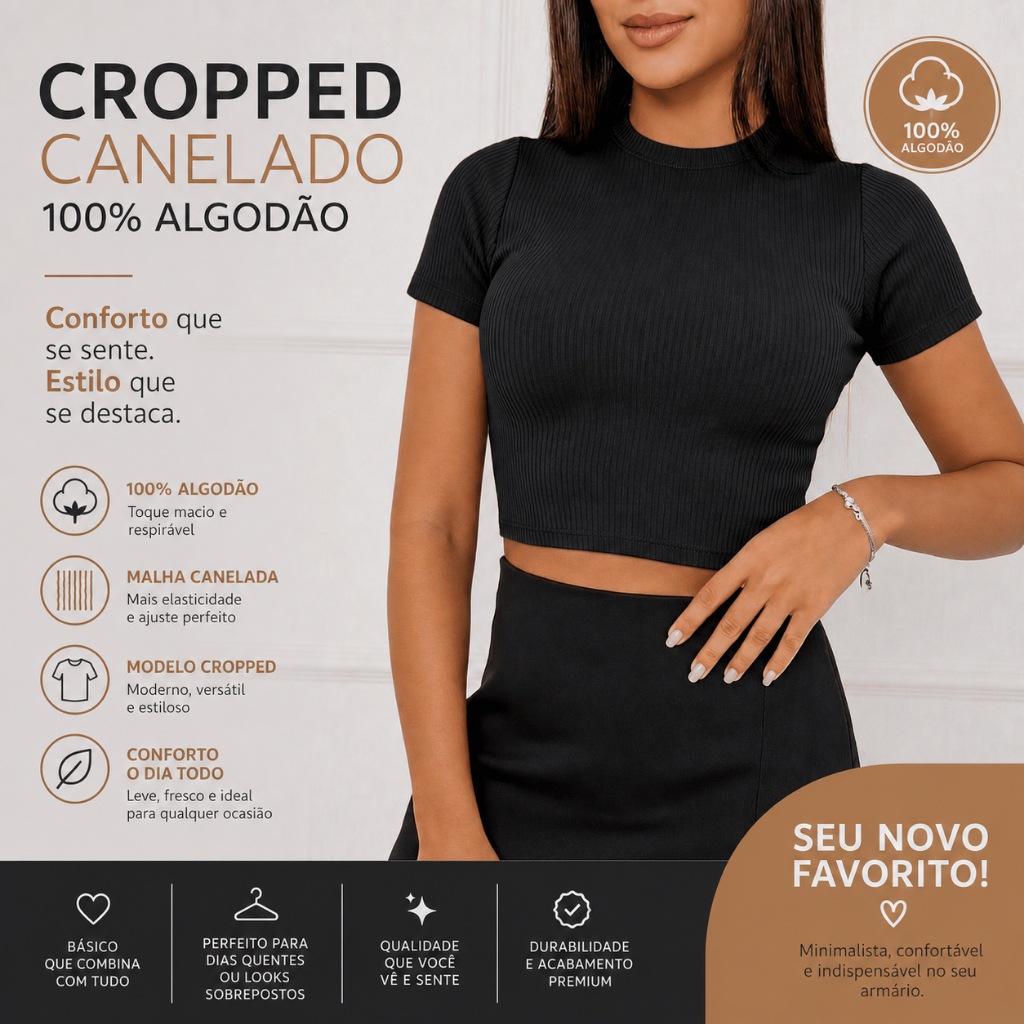 Cropped Ribana Canelado Manga Curta Algodão Premium Casual