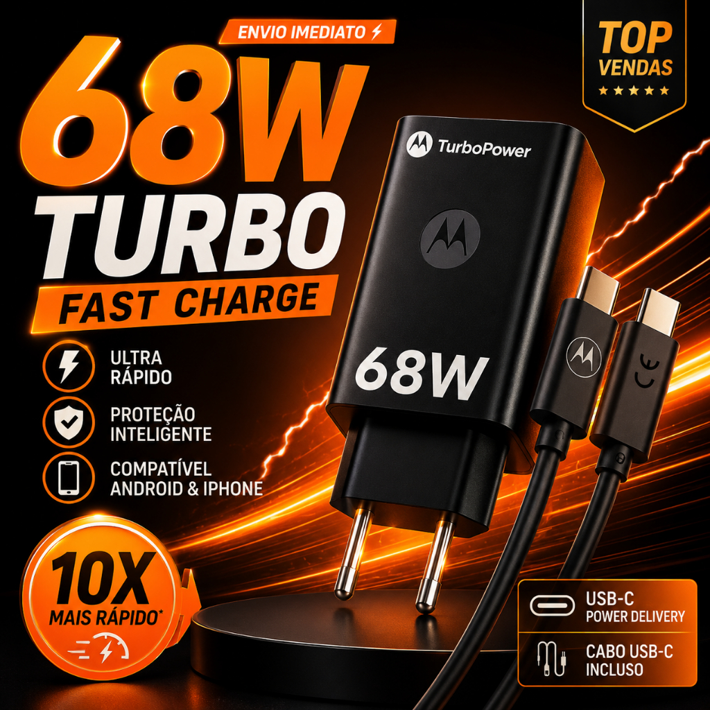 Carregador Turbo 68W USB-C + Cabo Carga Rápida 10X Compatível Android e iPhone
