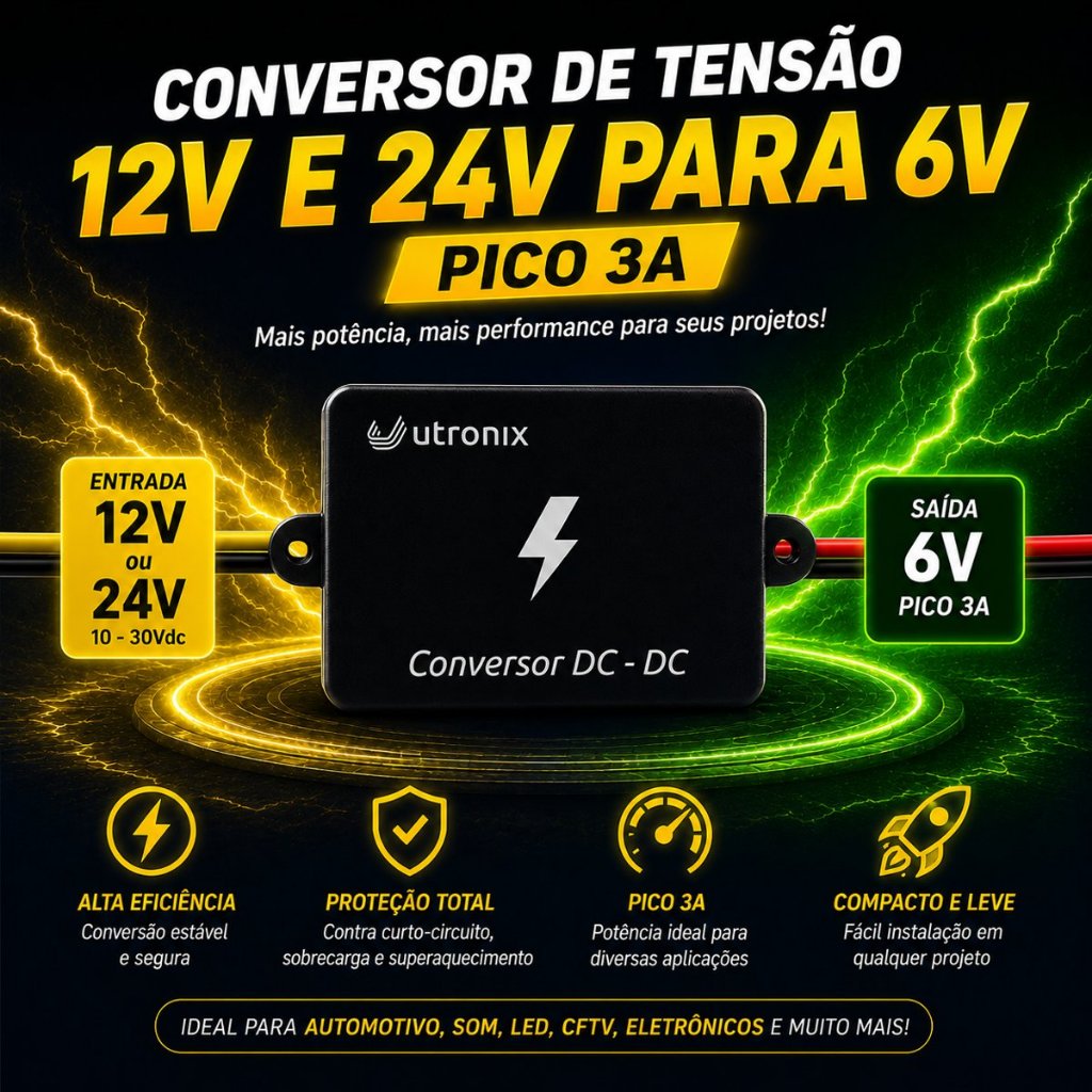 Conversor de tensão entrada 12V e 24V Saída estabilizada 6V 3A Conversor DC Universal 12W Nominal 2A