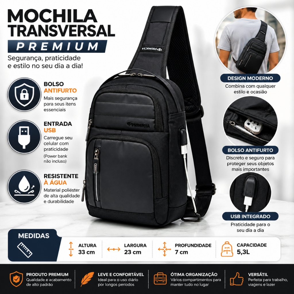 Shoulder Bag Masculina Antifurto Compacta Executiva para Trabalho e Viagem