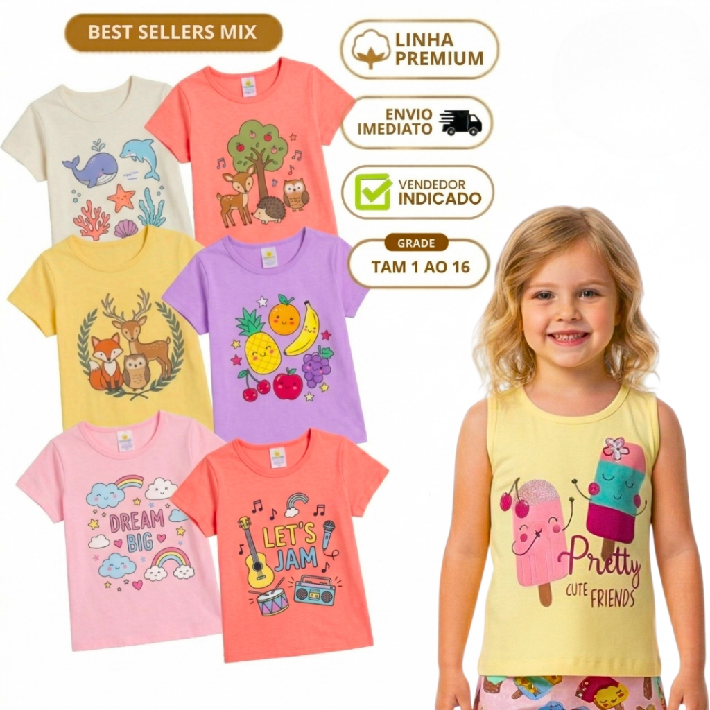 Kit 5 Camiseta Verão Menina Blusa Manga Curta Infantil Feminina Estilosa Algodão Atacado Regata 1 ao 16 anos