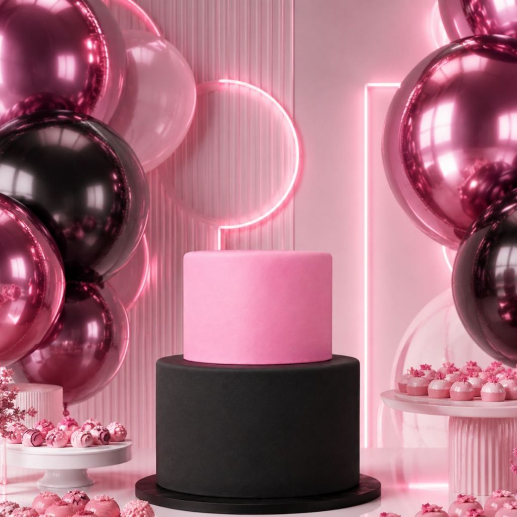 Bolo Fake De Isopor 2 Andar Revestido em EVA Rosa e Preto Festas Decoração Aniversários Temáticos