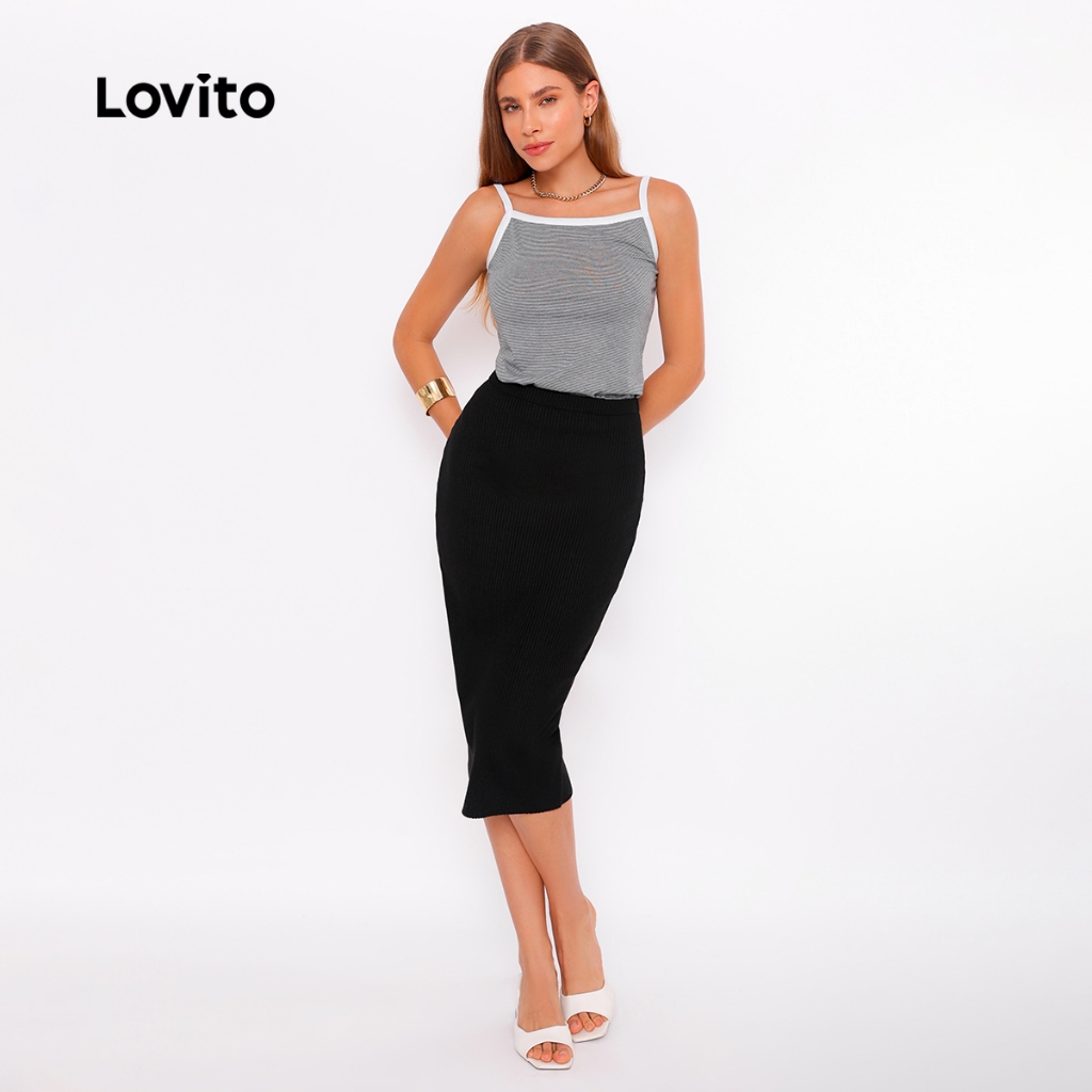 Lovito Saia Feminina Tricot Midi Reta SKB380BRL409