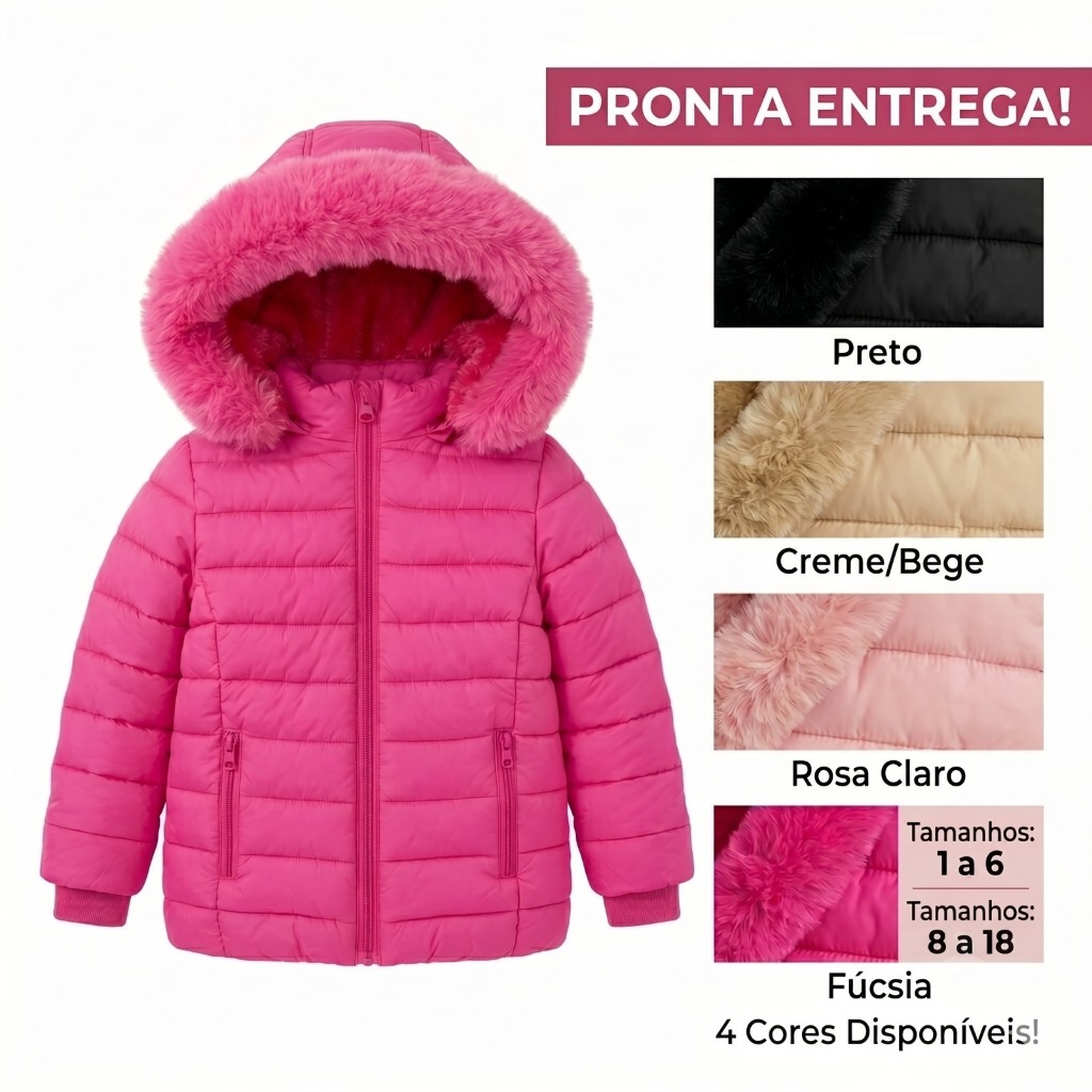 Jaqueta Infantil Feminina Puffer Com Capuz Removível Peluciado Inverno Quente Menina