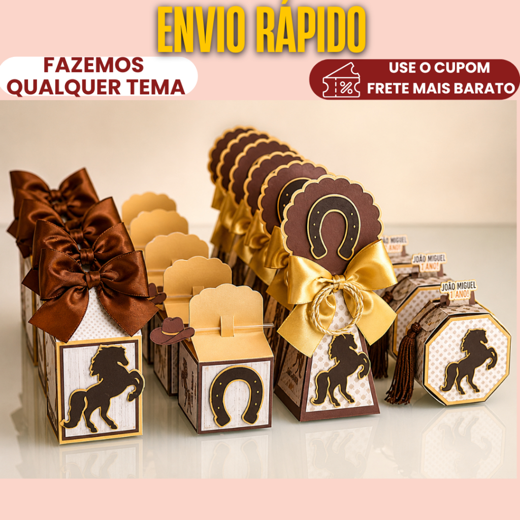 Lembrancinha Personalizado Cavalos Marrom | COM APLIQUE 3D/ Caixinhas - PEGUE E MONTE