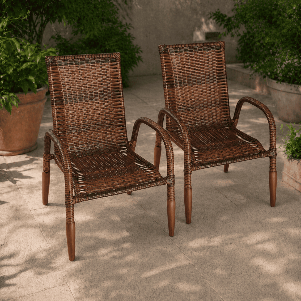 Par de Cadeiras de Junco Madeira Envernizada Jardim Varanda Decoração Vintage Artesanal Premium