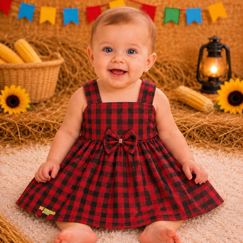Vestido Xadrez com Laço Luxo Bebê Menina 3 a 6 Meses Festa Junina São João Quadriculado Mesversario