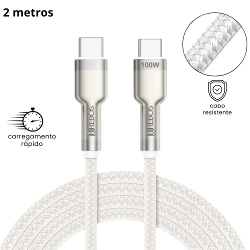 Cabo Carregador 100W Dual Tipo-C Hrebos Turbo Resistente Revestido em Nylon Premium 2m